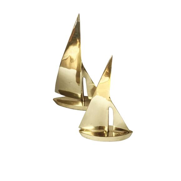 Vintage 60s Brass Sailboat Set of 2 Nautical Decor Beach Boho Brass Ocean Theme - Picture 1 of 12